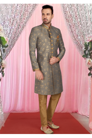 Gray With Gold Color Art Silk Fabric Indo Western